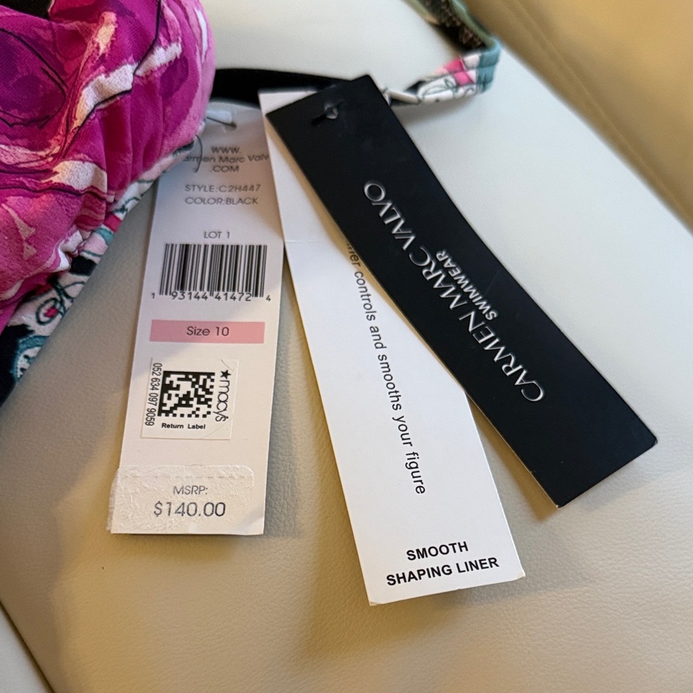 Carmen Marc Valvo Black One-Piece with Pink Floral Print - Picture 2 of 8